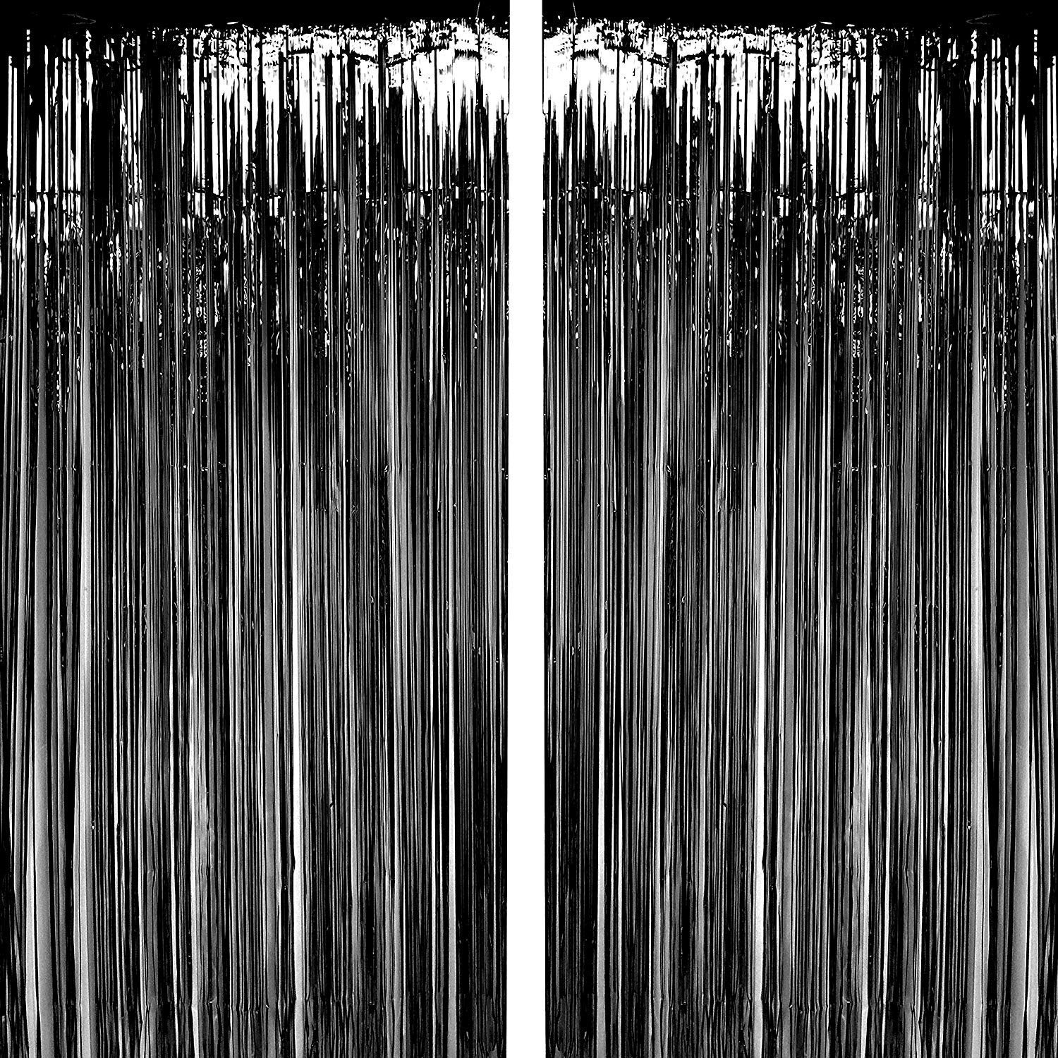 BLODLE Black Fringe Foil Curtains, 2 Pack Black Backdrop Foil Curtains, Metallic Backdrop Streamer for Baby Shower, Party Birthday - (Pack of 2 Pcs)