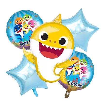 BLODLE Cute Underwater Yellow Baby Shark Foil Balloon Bouquet 5Pcs Set, Aqua Theme Birthday Balloon for Party